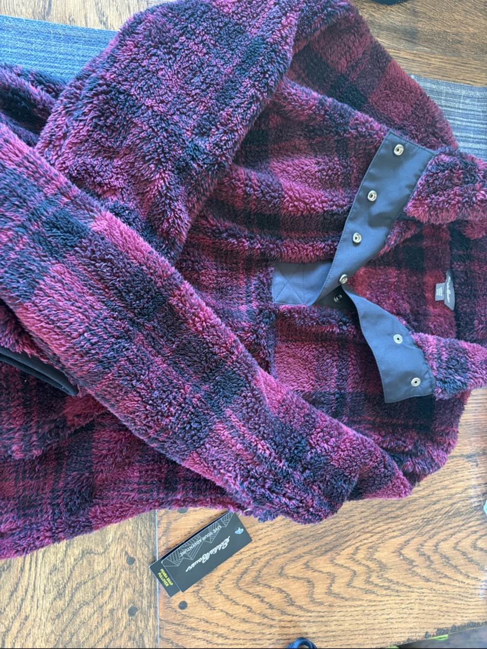Eddie Bauer Plush Sherpa Snap-Front Pullover in Berry and Black Plaid